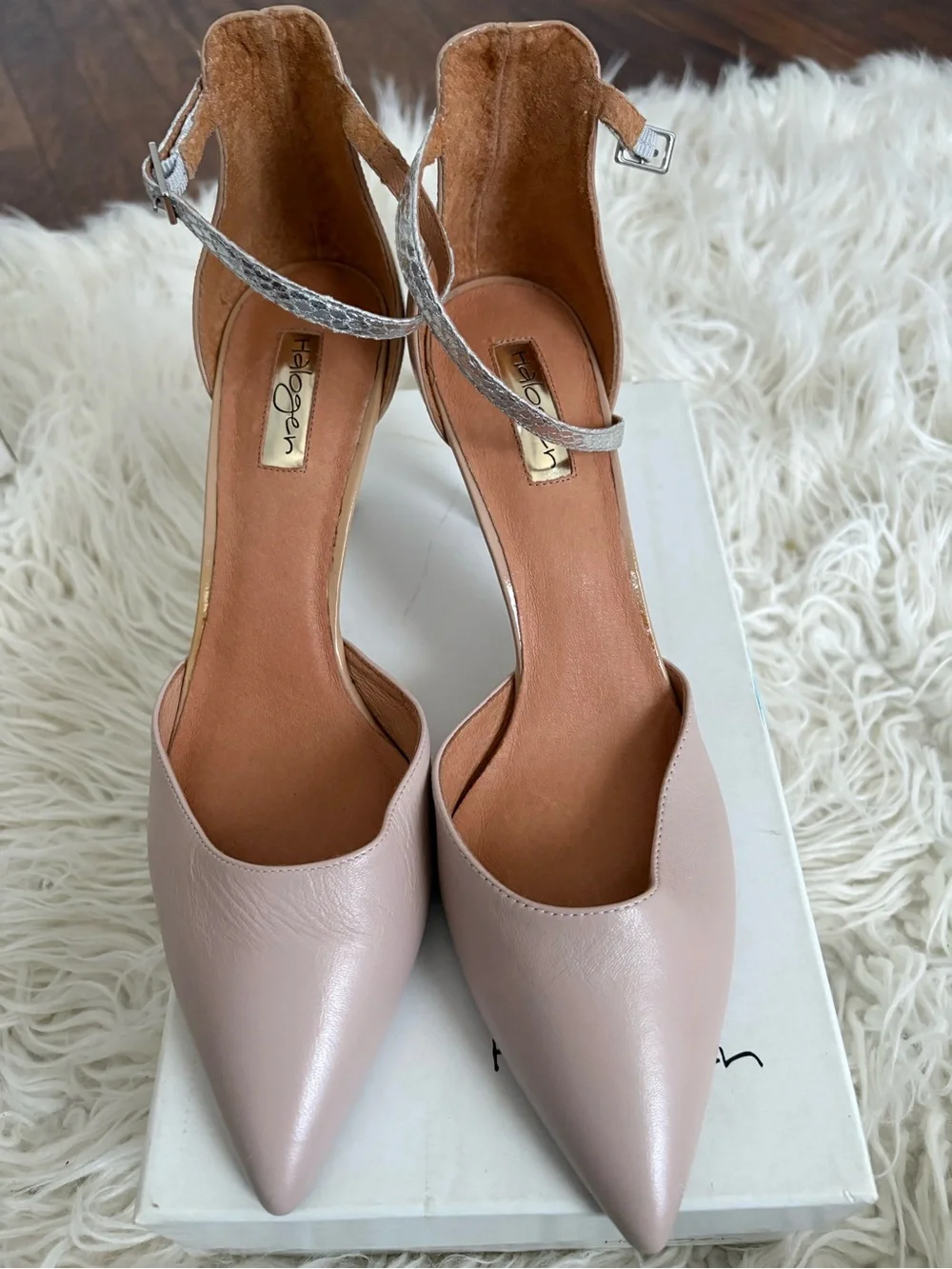 Halogen Nude Leather Pointed Toe Heels with Silver Snake Print Stiletto